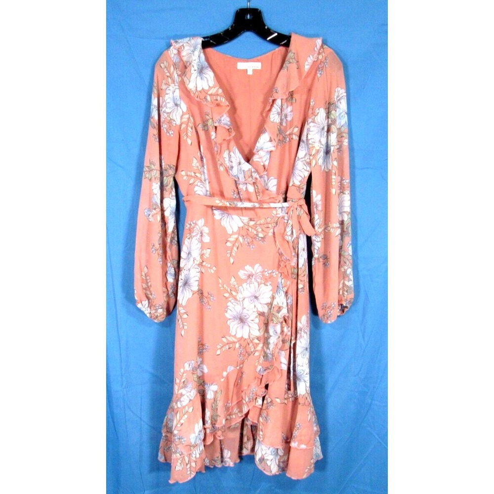 JUNE & HUDSON Peach Floral LINED CHIFFON Ruffle Trim WRAP DRESS Boho Romantic S